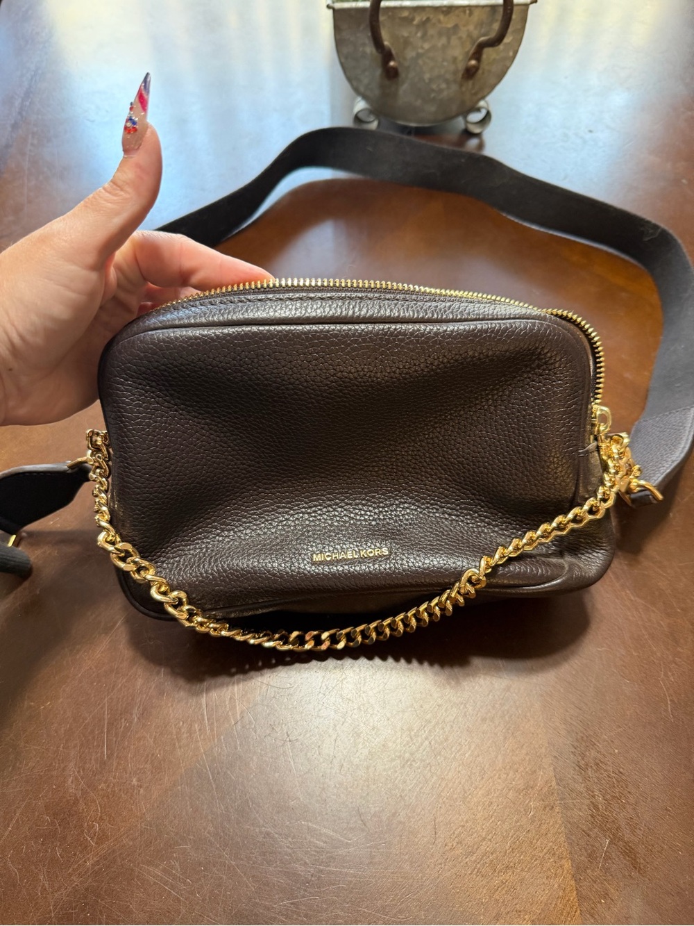 Michael Kors Dark Brown Pebbled Leather Chain Strap Camera Bag